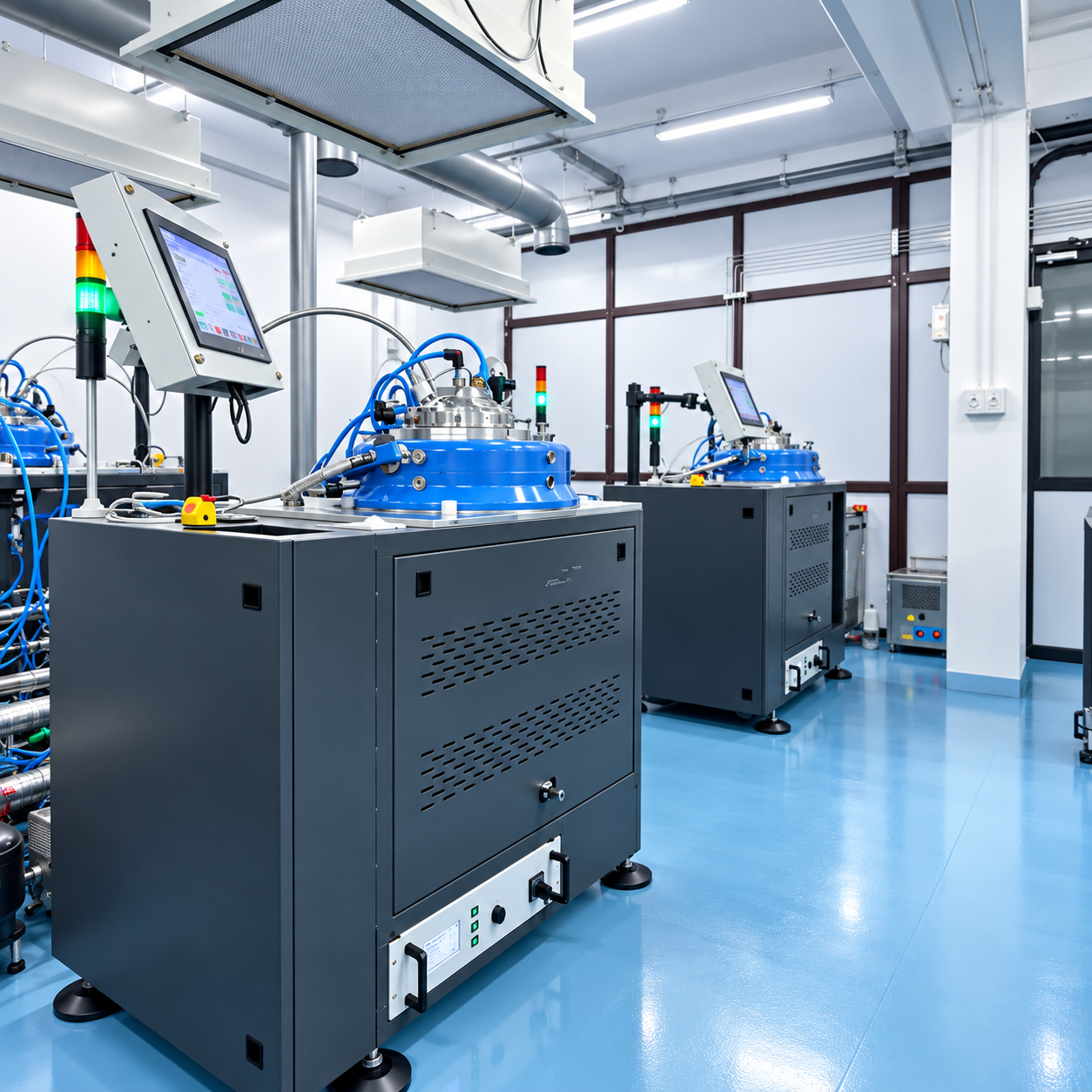 Row of MPCVD machines with control cabinets on a clean production floor
