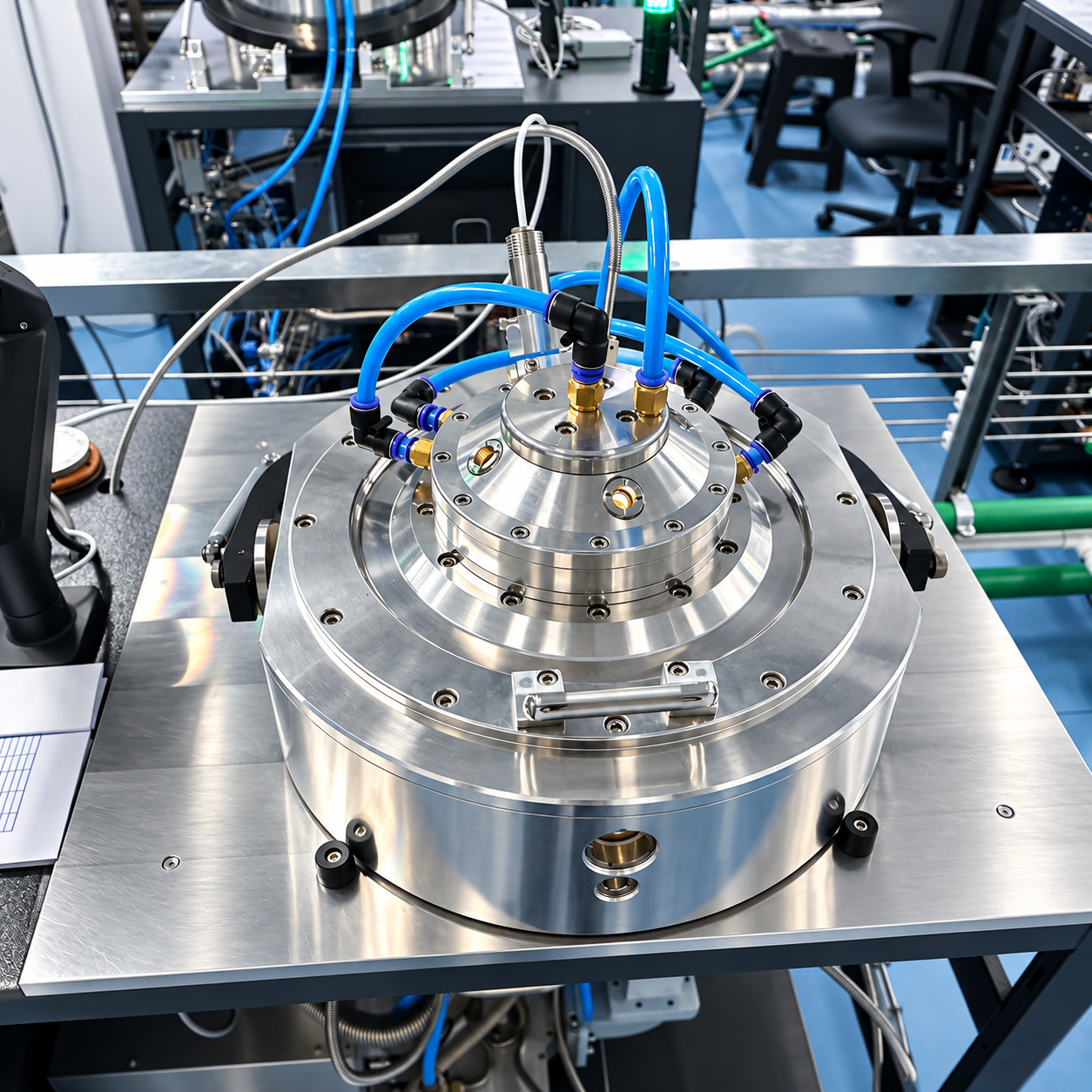 Close-up of the precision-machined MPCVD process chamber with gas lines